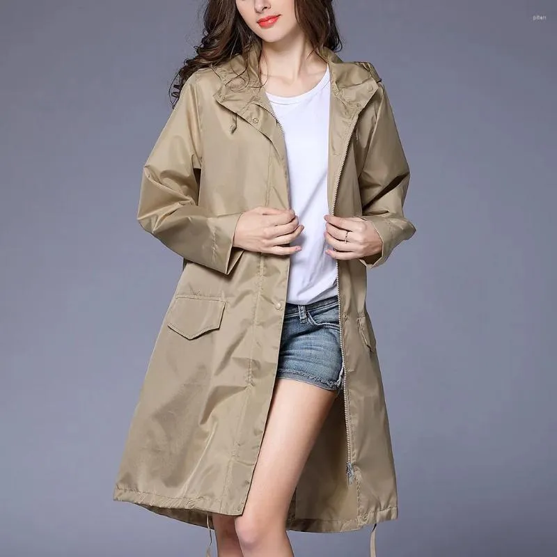 Women's Trench Coats Solid Color Khaki Raincoats Outdoor Windproof Waterproof Women Clothing Mid-Length Zipper Pockets Hoodies