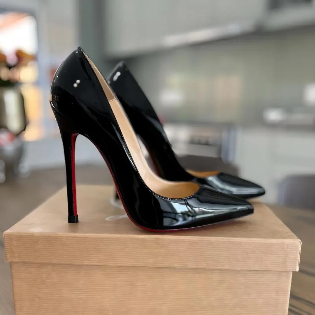 女性のハイヒール先の尖ったつま先ポンプ6cm 8cm 10cm 12cm stiletto Heelヌードブラックパテントレザーレッド光沢ボトムラグジュアリーレディースウェディングシューズサンダルダストバッグ35-44