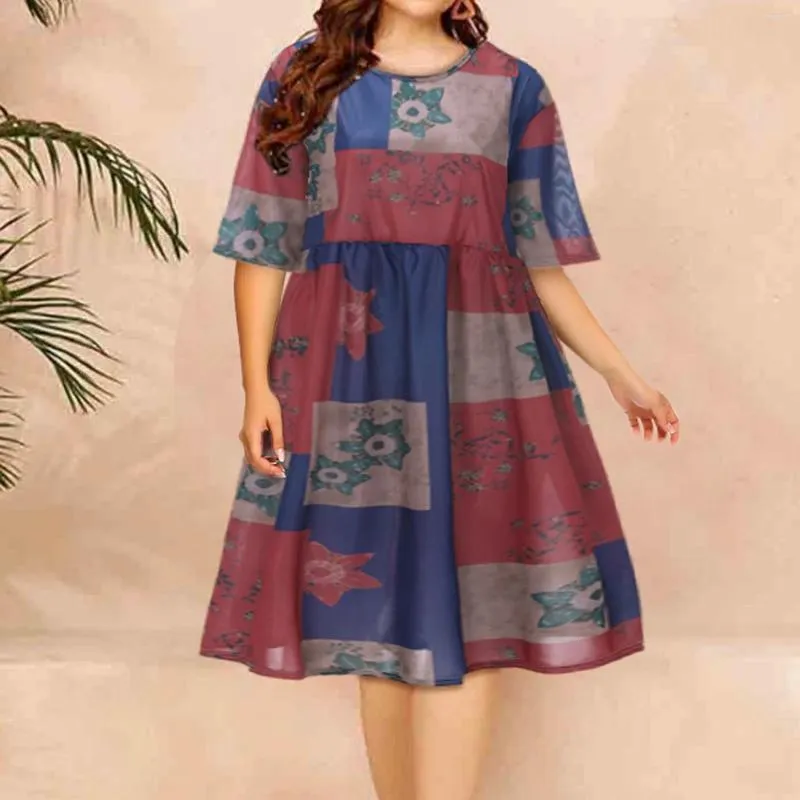 Robes décontractées Tempérament d'été Volants pour femmes Plus Taille Manches courtes Lâche Maxi Robe Style Ethnique Imprimé Soie Soie Sundress