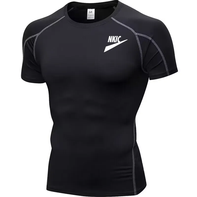 Спортивная черная футболка с фирменным принтом, мужские быстросохнущие спортивные футболки с короткими рукавами, компрессионная рубашка для тренажерного зала, фитнеса, тренировочная футболка для бега