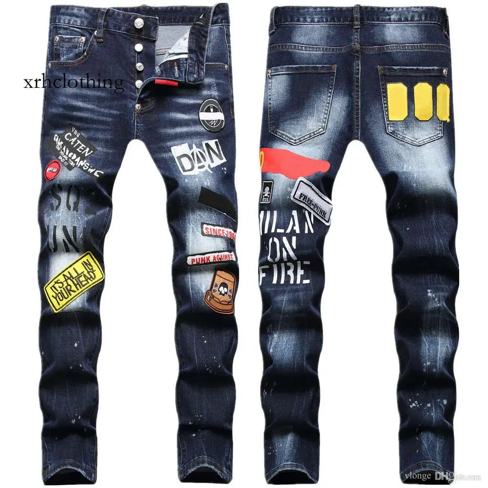 Lila Jeans Herrenjeans Hip-Hop-Hose Straßentrend Reißverschluss Kettendekoration Zerrissene Risse Stretch Schwarz Mode Slim Fit gewaschener Motorrad-Denim