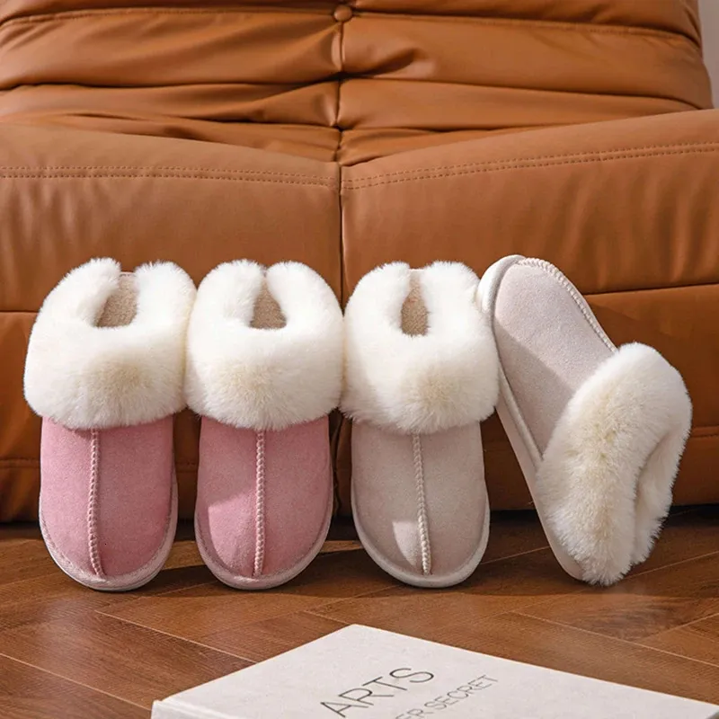 スリッパ冬の温かいフラットファーの女性フェイクスエードふわふわした毛皮のようなホームスライド女性快適ではありません屋内床の綿の靴231219