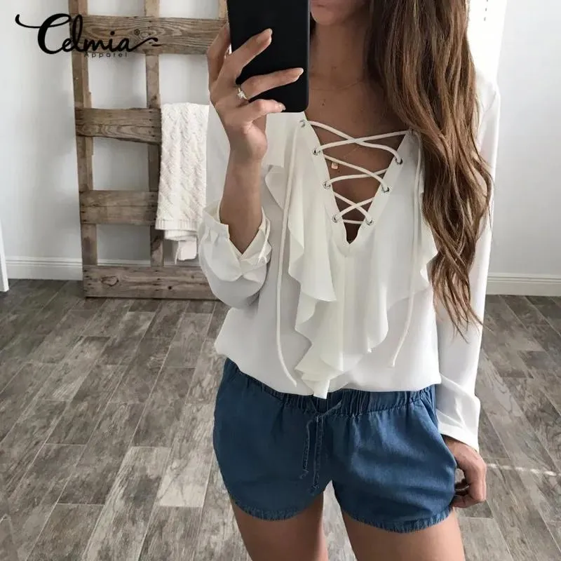 Shirts Großhandel 2017 Fashion Spring Herbst Frauen Chiffon Bluse sexy Schnürung v Hals Rüschen Langarm schwarze weiße Tops Casual Plus Si