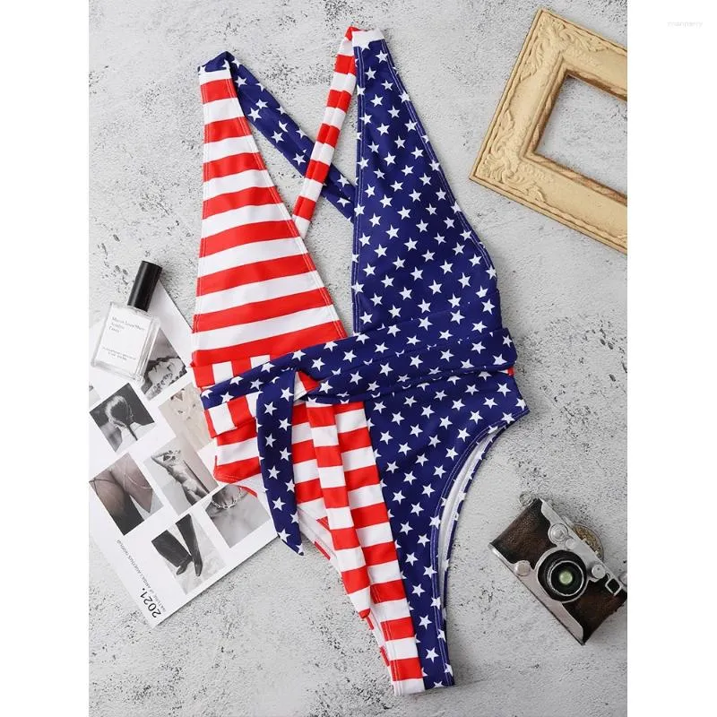 Mulheres Swimwear 2023 Dia da Independência Sexy Cintura Alta Strappy Bikini Bandagem 4 de Julho Patriótica Bandeira Americana Verão Uma Peça