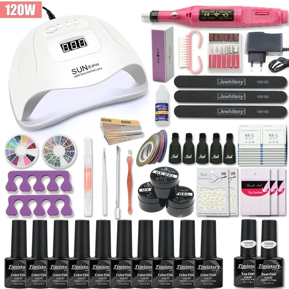 Kits Nail Kit Manicure Set 120W/80W/54W UV -lampan med 10 st gel lack set nagelborrmaskin Art Tool Top Base Coat