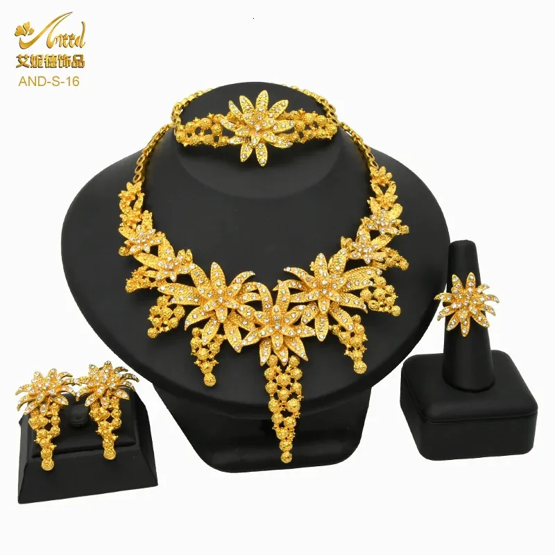 Wedding Jewelry Sets Bridal Dubai Gold Plated Set For Women Indian African Necklace Earrings Ring Bracelet Nigerian Wholesale 231219