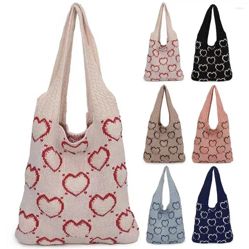 Evening Bags Large Capacity Heart Pattern Crochet Tote Bag Women Aesthetics Handbag Versatile Knitted Shopping Casual Commuting