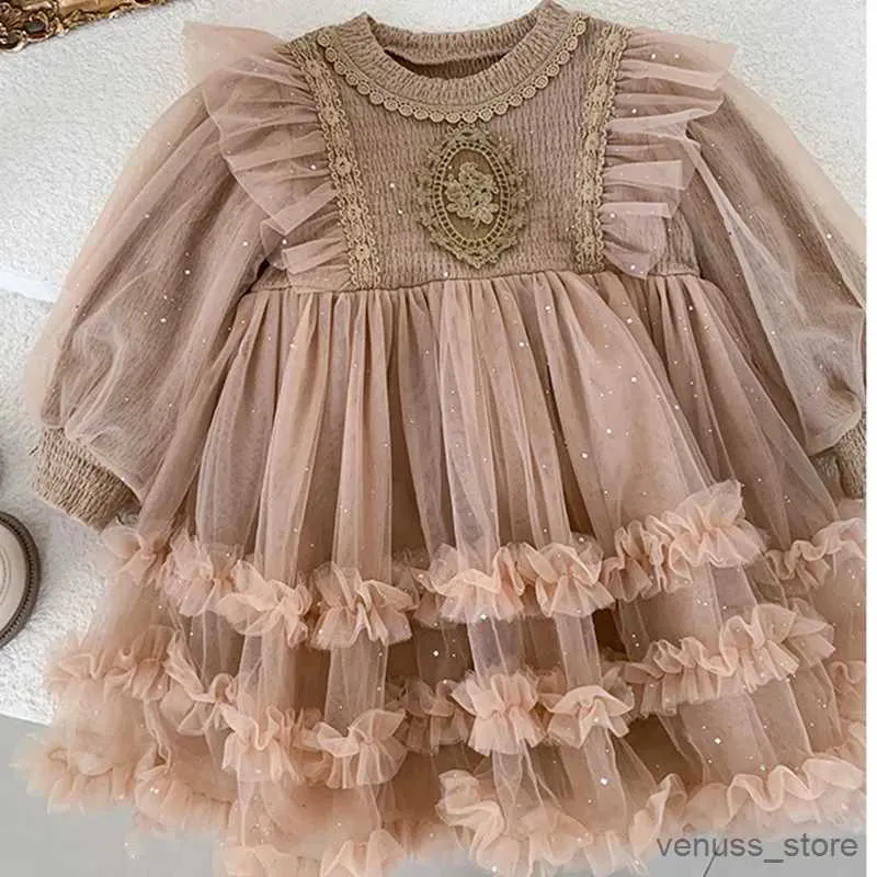 Girl's Dresses Girls Dresses Autumn New Children's Clothing Net Yarn Lantern-Sleeved Dress Sweet Girls Clothes Ball Gown 3 Color 2-7Y