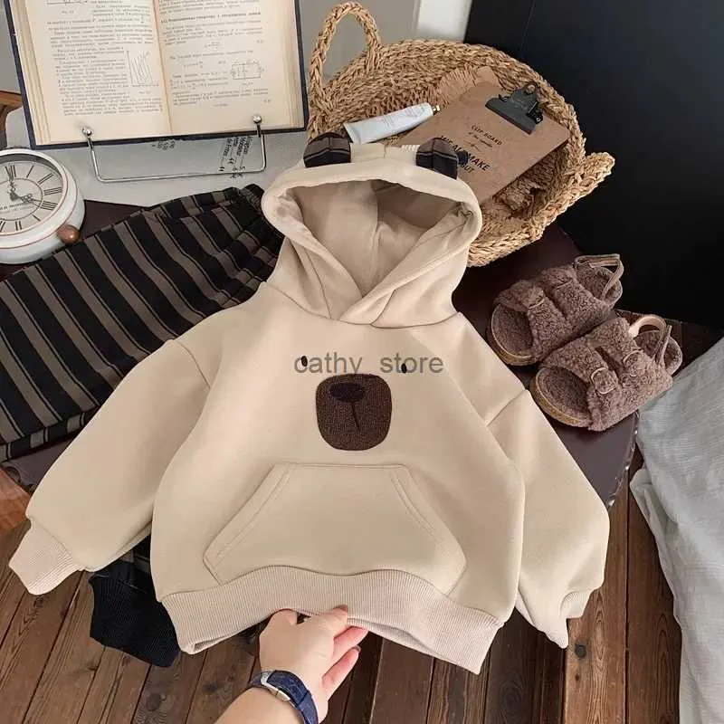 Pullover Wintertrui voor jongens en meisjes met pluche Casual Kinderen Cartoon Hoodies Koreaanse editie Baby Baby Verdikte tops SweatshirtsL231215