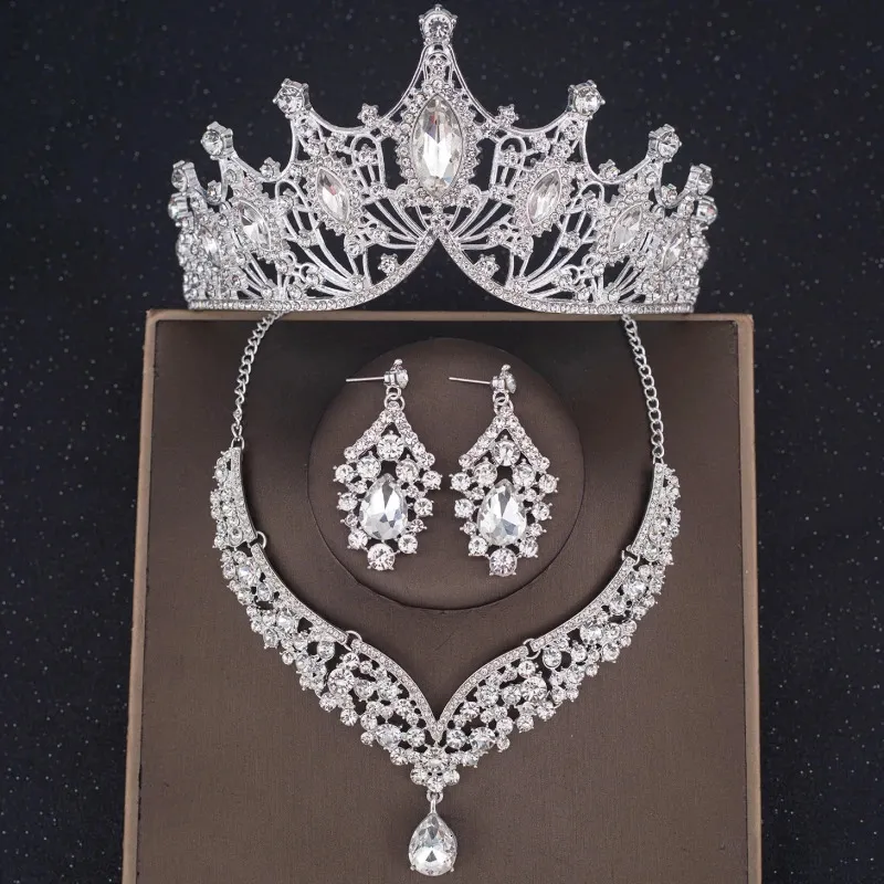 Kedjor 3st Crystal Crown Halsband örhänge set brud smycken bröllop hår tillbehör tiaras och kronor 231219