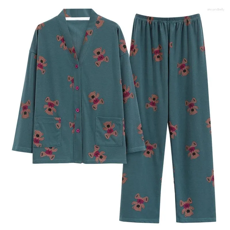 Vêtements de nuit pour femmes Femmes Pyjamas Ensemble Printemps Pyjama en coton tricoté Lâche M-5XL Manches longues Dessin animé mignon
