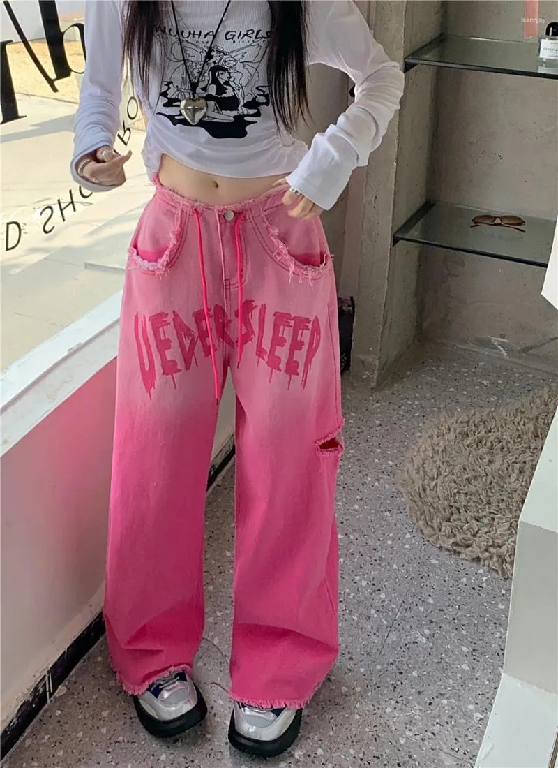 女子ジーンズレタープリントピンク穴あき夏のアメリカンストリートスタイルの若い女の子ハイウエストストレートチューブデニムパンツ