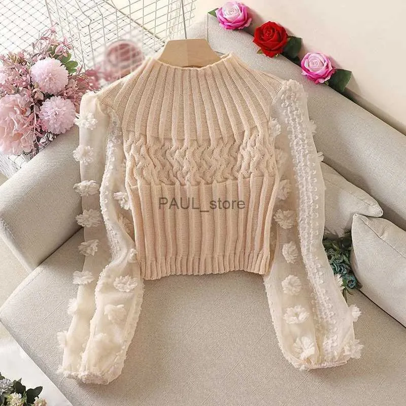 Kvinnors tröjor Super Fairy Bubble Sleeve Mesh Stitching Crew Neck Tight Slim Short Women's Fashion Sweater T-Shirtl231213