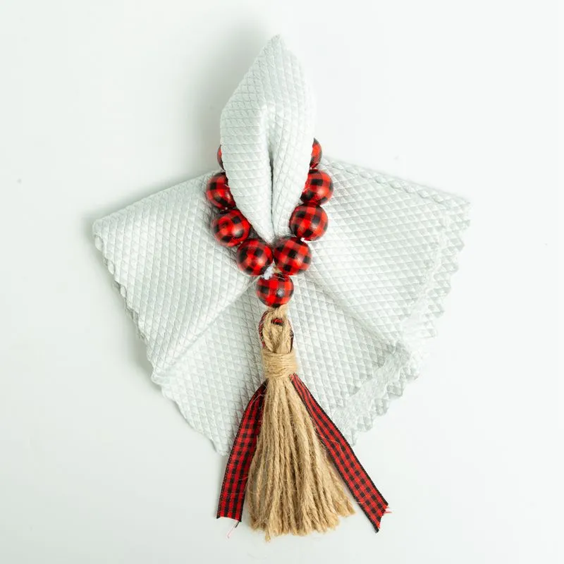 Natural Wooden Beads Napkin Rings With Tassels Pastoral Style Plaid Bead Tassel Napkin Buckles Dinner Table Decorations Q838