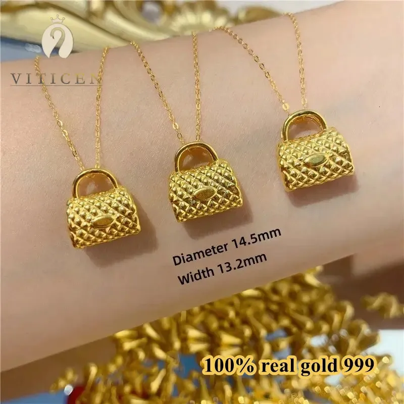 Pendanthalsband Viticen Real 999 Pure Gold 24K Bag Necklace Present Utsökt gåva till kvinna Luxury Fashion Fine Jewelry 231218