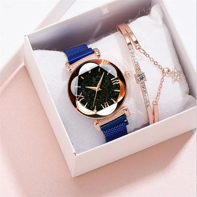 MULILAI Merk Glanzende Sterrenhemel Horloge Sky Lichtgevende Quartz Charmante Dameshorloges Magnetische Mesh Band Bloem Wijzerplaat Elegante Dames278m