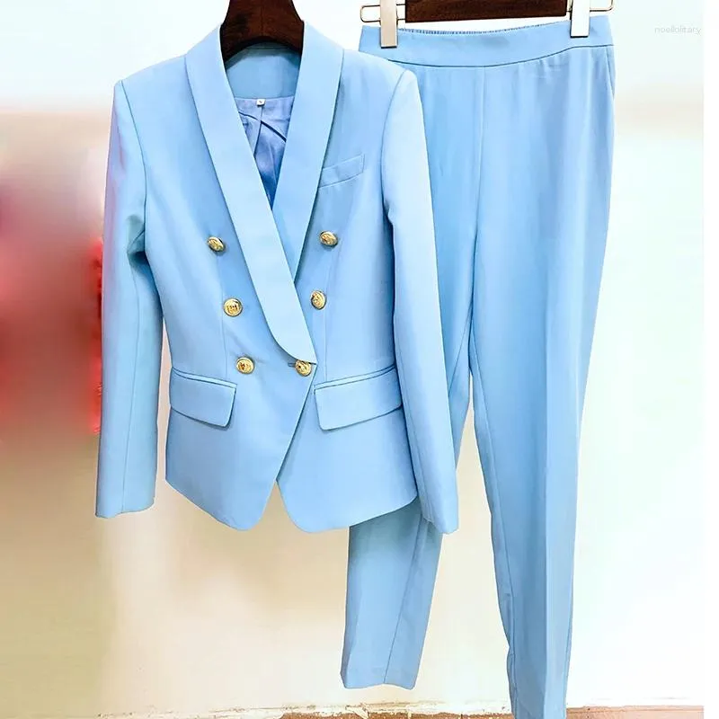 Women's Two Piece Pants Fashion 2023 Designer Blazer Suit Set Career Classic Shawl Collar Lion Buttons Double Breasted