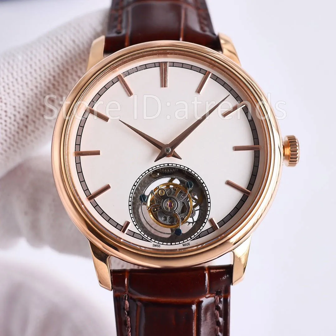 TOP STYLISH MECHANICAL RAŁO WAKT ZEGA ZŁOTA SLERNOŚCI SHAPHIRE GLASS 41 mm Classic True Tourbillon Na rękę Elegancki skórzany pasek VC14