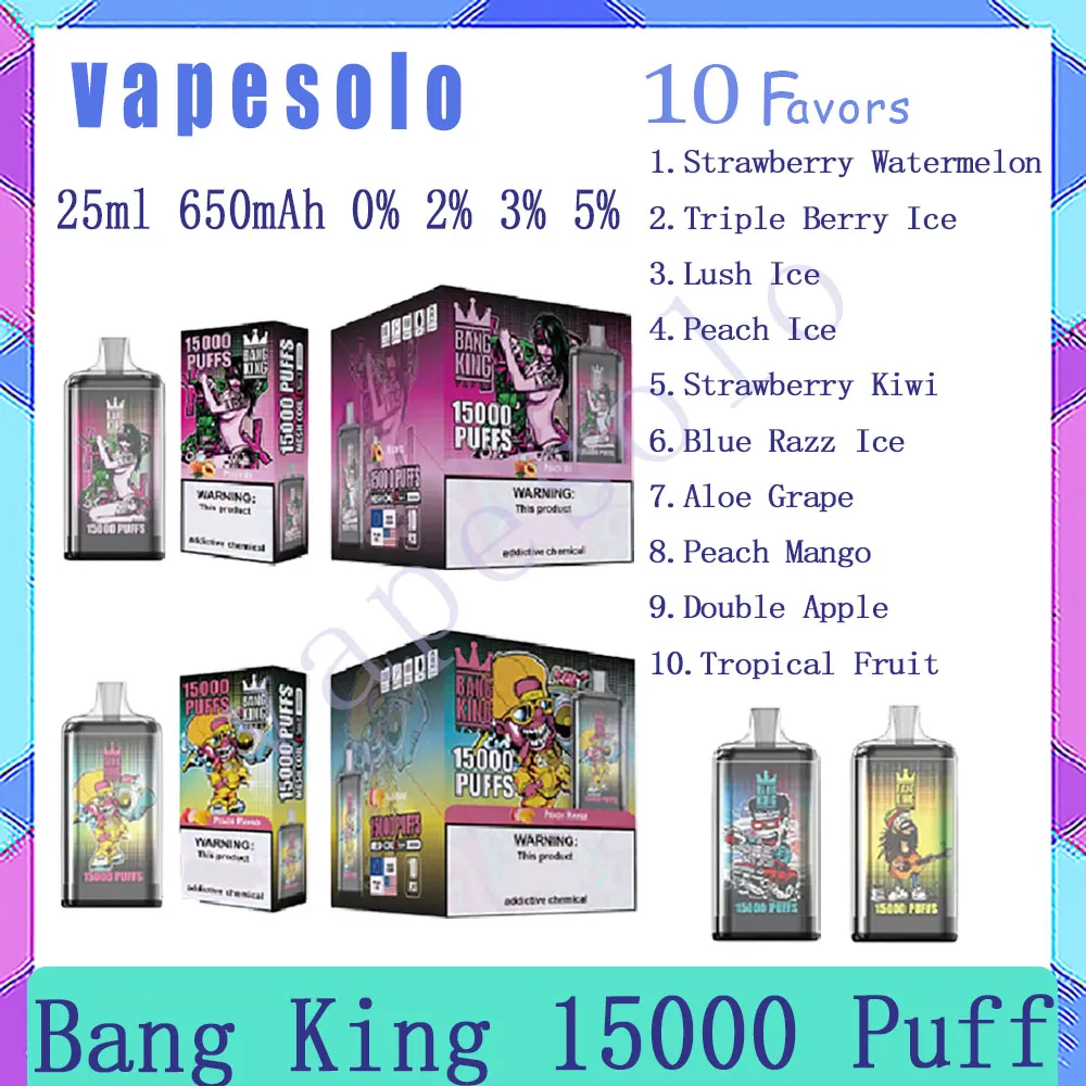 BANG KING 15000 Puff Einweg-E-Zigaretten, 25 ml, vorgefüllter Pod, Netzspule, 10 Geschmacksrichtungen, Puffs, 15 K, 650 mAh, wiederaufladbarer Akku, Vape Pen