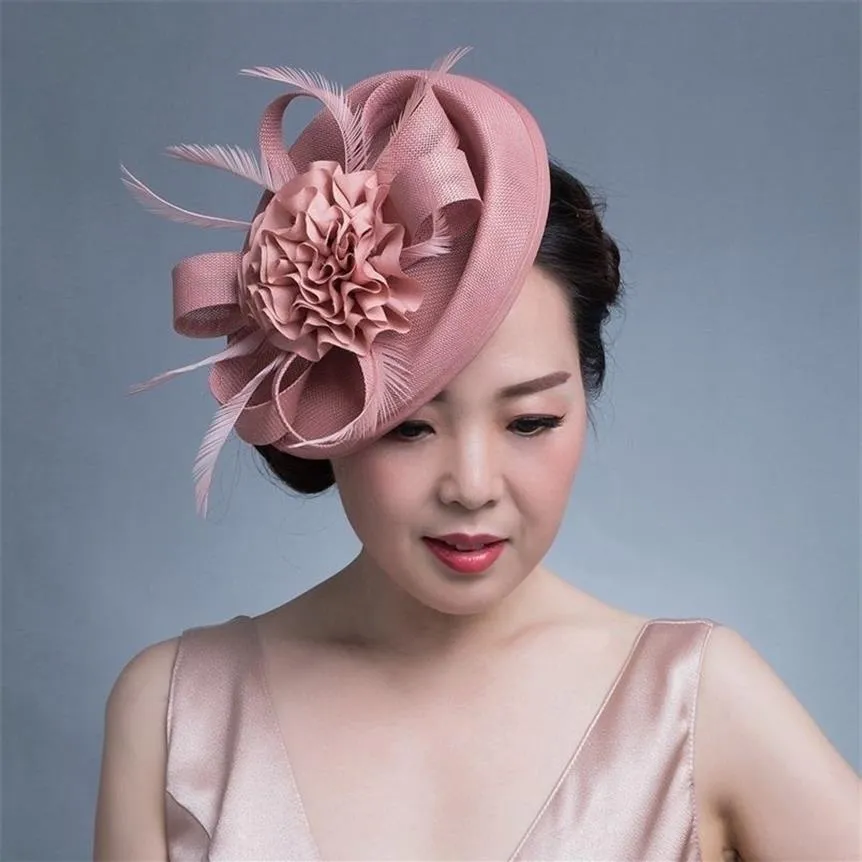 Bérets femmes Chic fascinateur chapeau Cocktail fête de mariage église casque kentucky chapeaux plume cheveux accessoires Sinamay Fascin220a