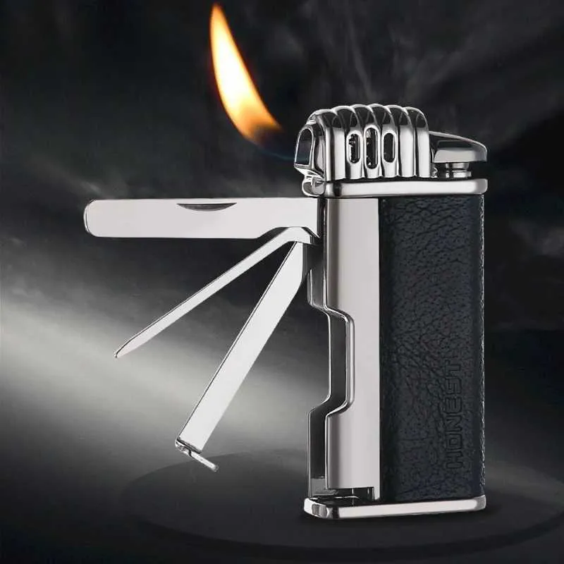 Honnête tuyau multifonctionnel Vintage briquet à flamme nue Recyclable remplissage sans gaz métal cuir cadeau pour hommes