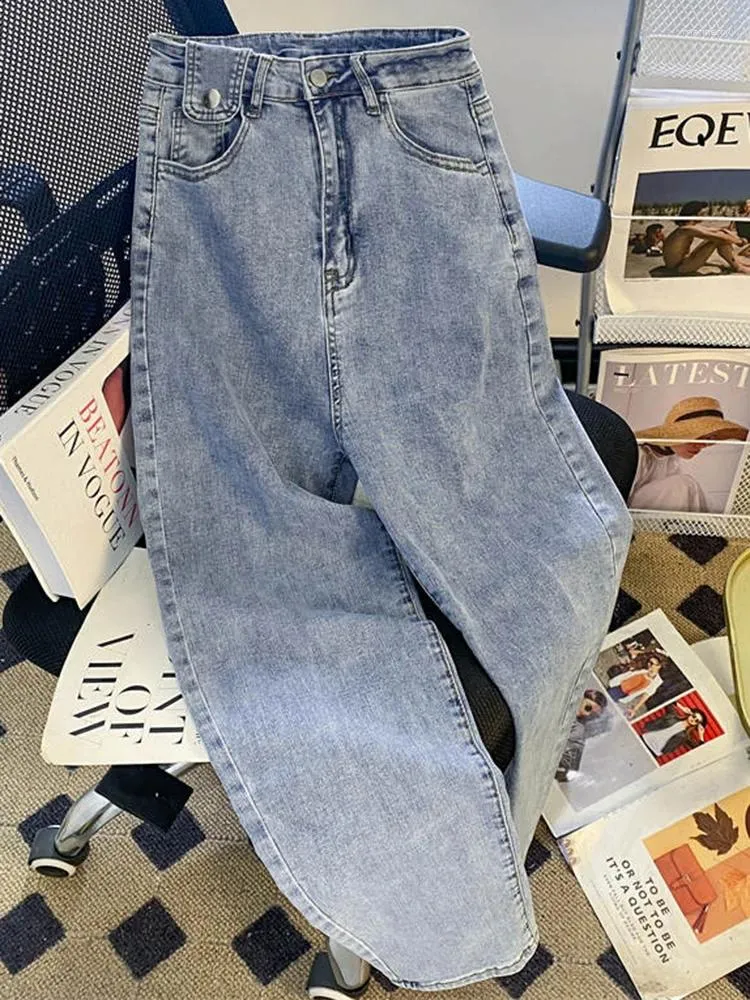 Kvinnors jeans oiinaa hög midja kvinnor knappa streetwear vintage baggy wide ben mom koreanska mode raka byxor