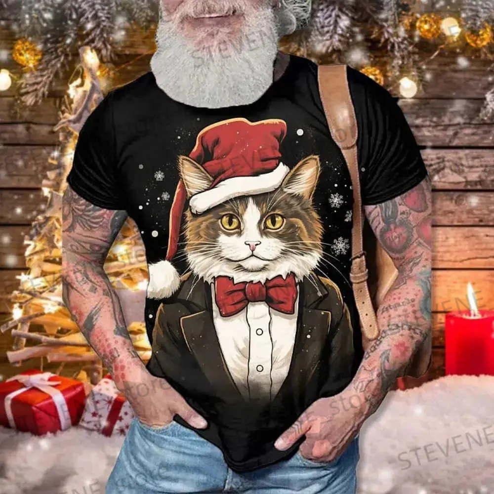 Мужские футболки Рождественская футболка с принтом кота для мужчин Модные 3D-образцы животных Негабаритные футболки Повседневная футболка с круглым вырезом с коротким рукавом Смешная рождественская одежда T231219