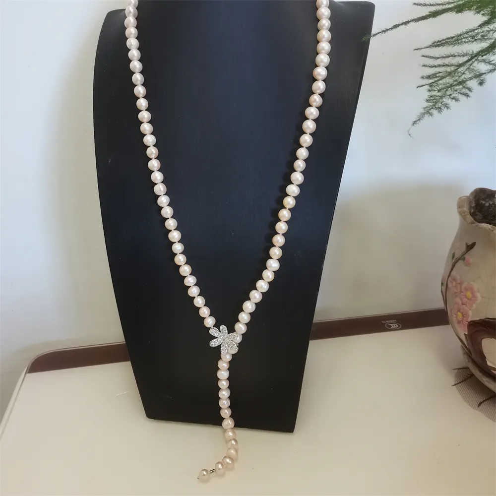 Gioielli di moda con collana lunga di perle d'acqua dolce rosa chiaro da 80 cm 8-9 mm con micro intarsio in zircone