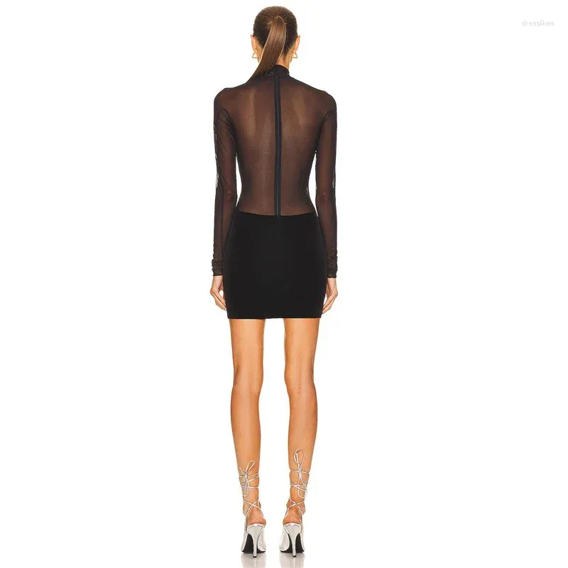 Casual Dresses Spring 2023 In Women's Waist Fitting Dress Tulle Patchwork Mini Short Skirt Sexy Perspective Long Sleeve Top Corsets