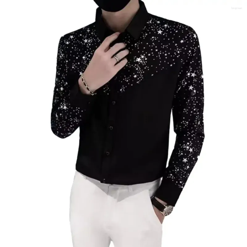 Men's Casual Shirts Slim Fit Shirt Sequin Star Patchwork Cardigan Long Sleeve With Turn-down Collar Soft Breathable For Stylish