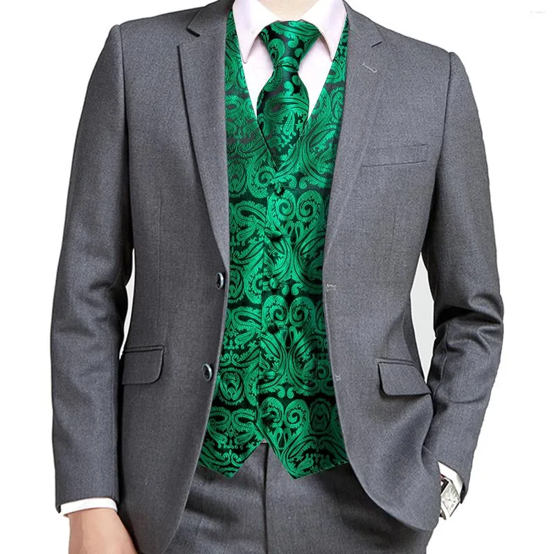 Mäns västar Hi-Tie Brand Jacquard Silk Vest Tie Hanky ​​manschettknappar Set Waistcoat ärmlös jacka slips för manlig brun svart silver