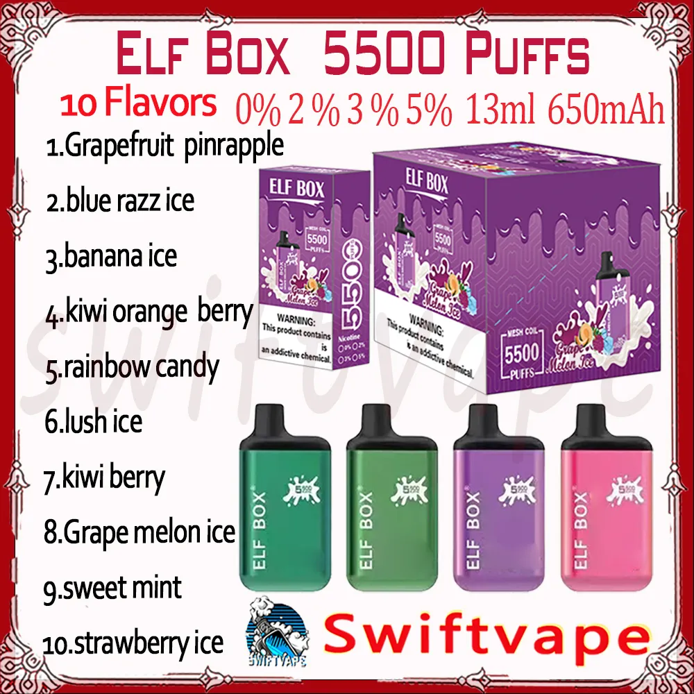 Elf Box 5500 Puff Disponível E Cigarro 650MAH Bateria recarregável 10 sabores 13ml 0% 2% 3% 5% 5,5k Puffs vapes caneta kit autêntico por atacado autêntico