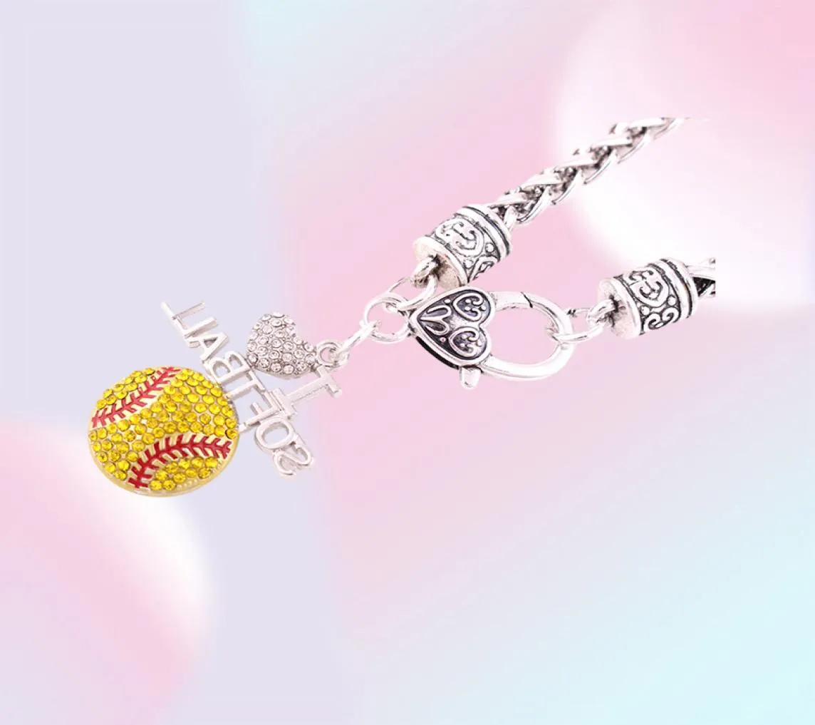 Fans Favorite Sports Jewelry Drop 12quot13quot Inches Crystal I Love Softball 2D Pendant Wheat Chain Lobster Claw 6665957