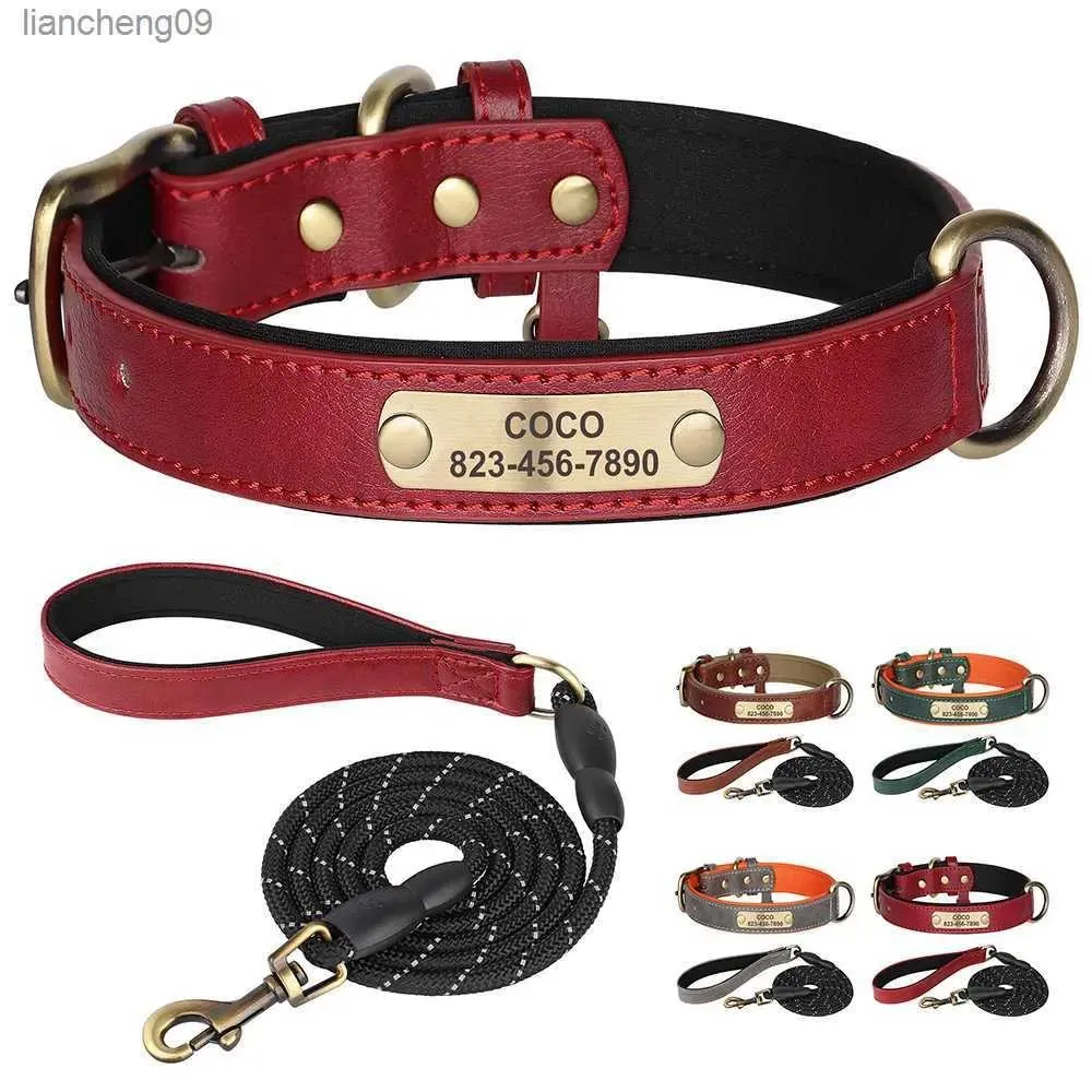 Card Personalized Dog Collar Leash Set Custom PU Leather Dogs Tag Collars Free Engraved Nameplate For Small Medium Large Dogs Pitbull L