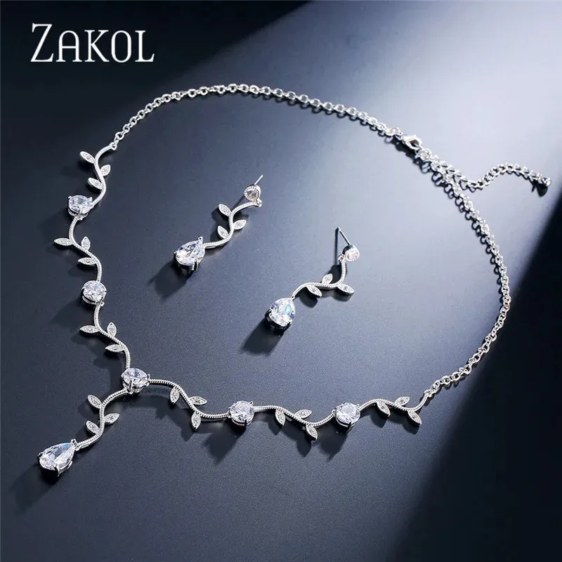 Bröllopsmycken set Zakol Classic Rose Gold Color Cubic Zirconia Crystal Bridal Leaf Form Choker örhängen klänning för kvinnor 231219