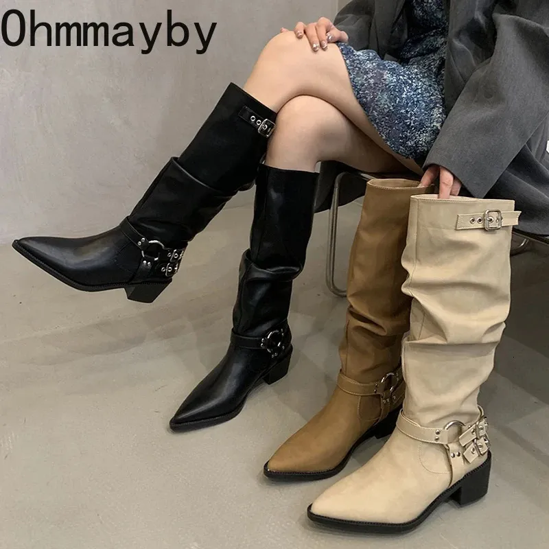 215 cowboy slip western mode på kvinnor vinterlånga stövlar kvinnliga eleganta fyrkantiga hälen kvinnors riddare flaskor 231219 's 116 lg