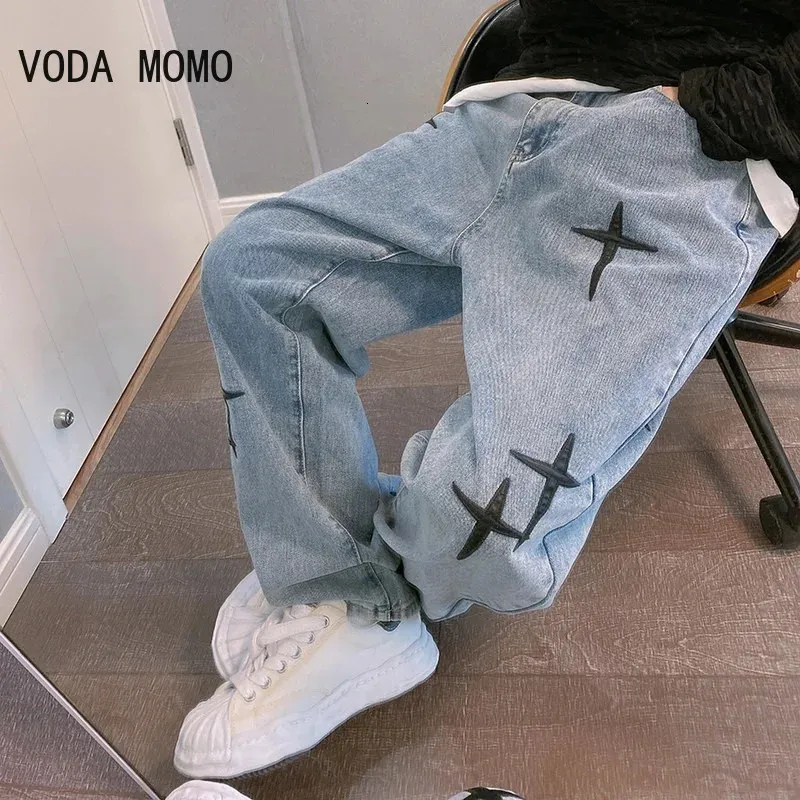 Herr jeans breda ben last byxor streetwear baggy män våren hösten män koreansk mode lös rak manliga varumärken svart 231219