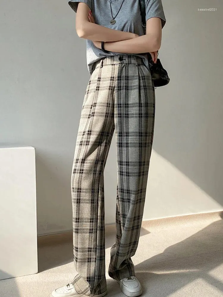 Damenhosen Vintage Plaid Breites Bein Frauen Frühling Sommer Koreanische Mode Hohe Taille Gerade Hose Weibliche beiläufige lose Streetwear