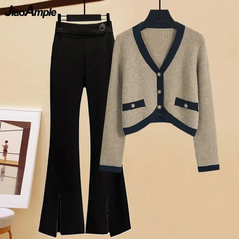 Women's Two Piece Pants Women's Spring Autumn Vintage Knitted Sweater CardiganMicro Flare Pants Two Piece Suit Korean Elegant Chic Matching Set 231218