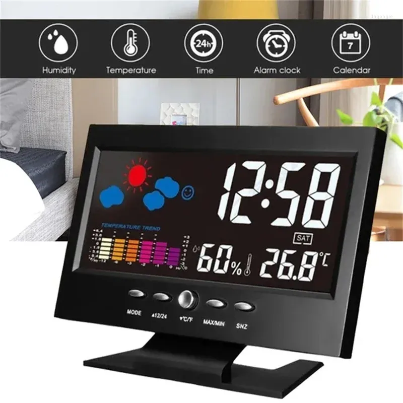 Horloges de table Écran LCD Rétro-éclairage numérique Snooze Réveil Météo Station de prévision Température Humidité Date Affichage Décor à la maison