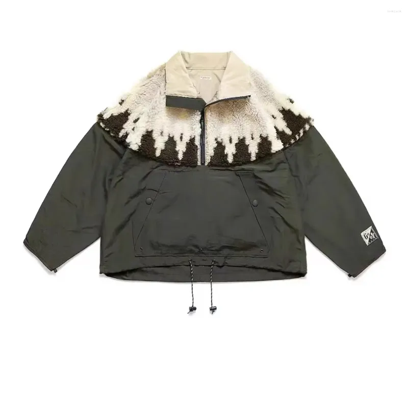 メンズジャケットKapital Hirata Hohiro Japansamb Cashmere Coat Print Stitched Half High Collar and Women's Army Greenルーズジャケット