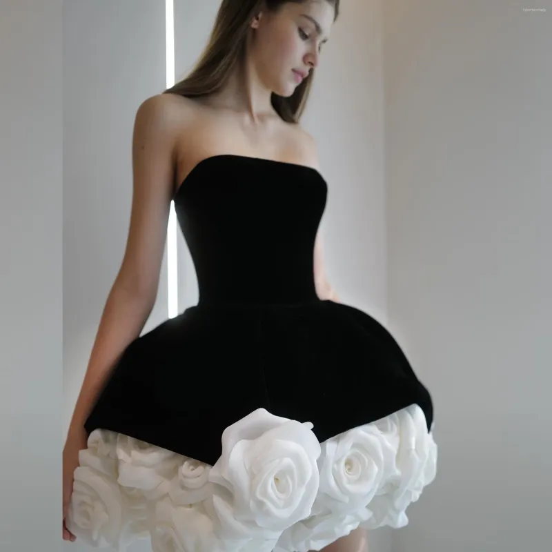 Flower Puffy Short Mini Ruffles Black Dress Flower Puffy Short Mini Ruffles Black Dress