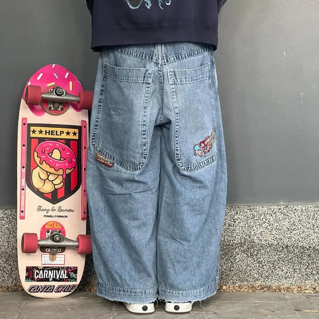 Heren Jeans Mode klassieke jnco cartoon print jeans heren y2k persoonlijkheid hiphop losse retro lichte kleur rechte paar wijde pijpen broek 231218