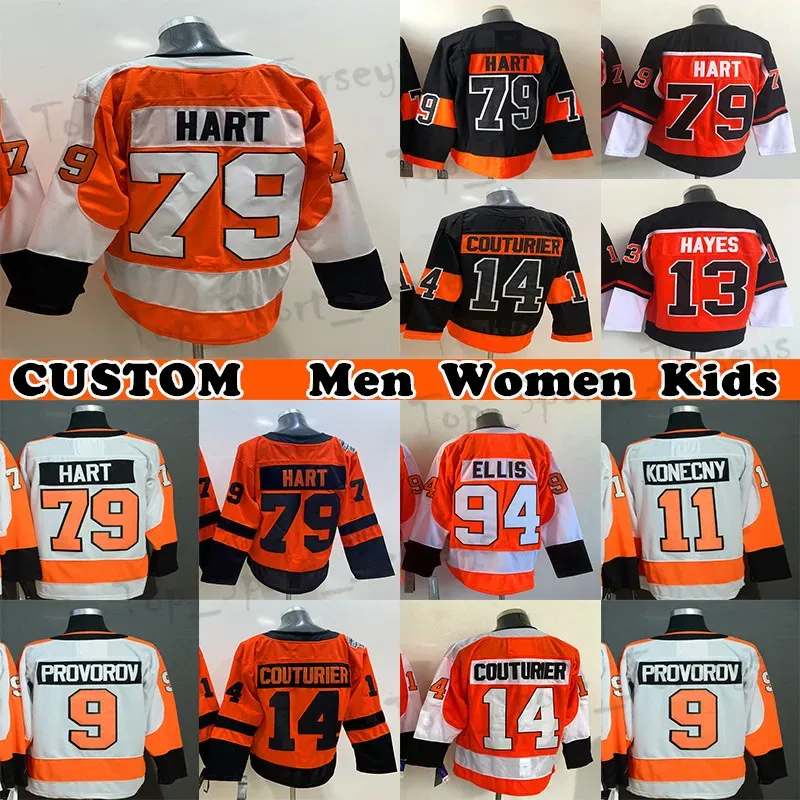 Hóquei Jersey 79 Carter Hart 14 Sean Couturier 13 Kevin Hayes 9 Ivan Provorov Custom Mens Womens Youth Qualquer nome Qualquer número Mostrar logotipo no 74