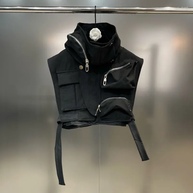 Women's Vests 2023 Autumn Collection Sleeveless Stand Collar Multi Zippers Pockets Black Vest Jacket Women GL847