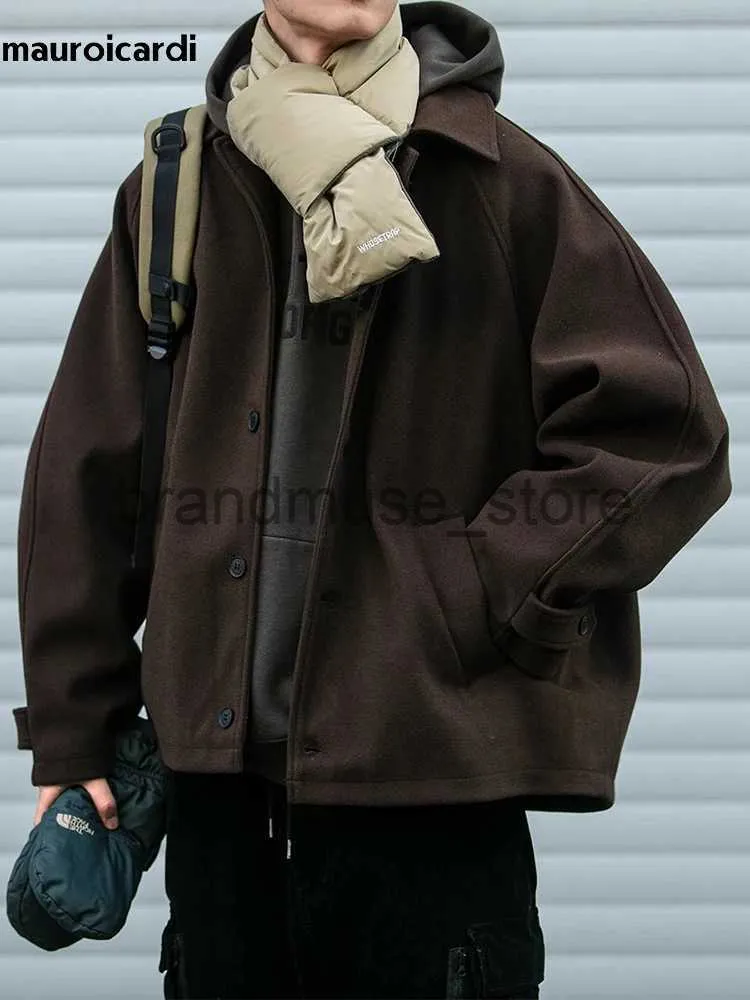 Men's Down Parkas Mauroicardi Autumn Winter Oversized Warm Thick Coffee Woolen Coat Men Elegant Luxury Designer Clothes Wool Blends Jacket 2024 J231219