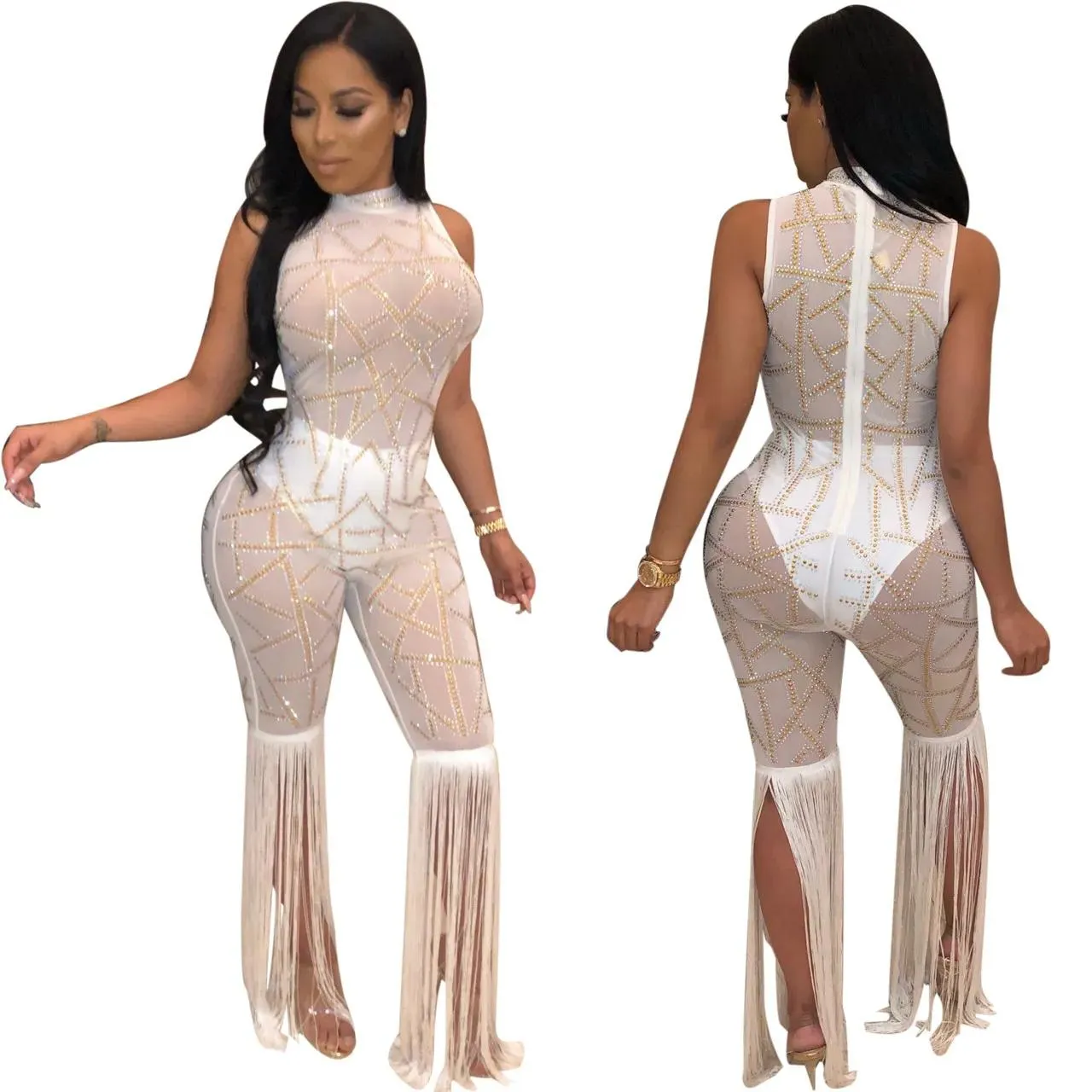 Rompers Sparkly Rhinestone Sexy Party Jumpsuit Women Sheer Mesh Bodysuit See Through Clubwear Bottom Fringe Tassel Plays