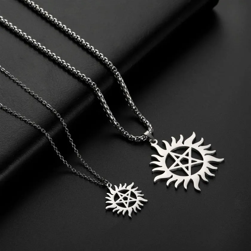 Skyrim rostfritt stål glänsande sol pentagram hänge halsband övernaturliga dekan uttalande lådkedja halsband smycken kvinnor män y0263w