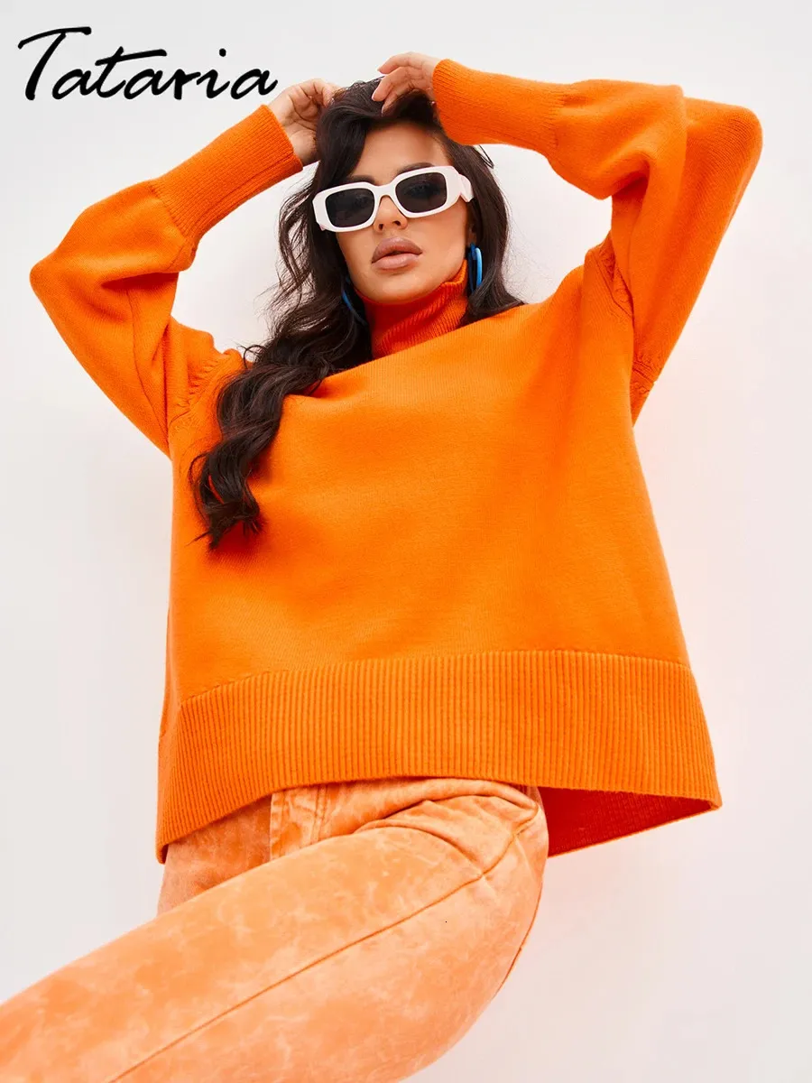 Kvinnors tröjor Candy Color Turtleneck 2023 Hösten Löst orange överdimensionerad tröja Knittad topp med ärmar Pullovers For Women Jumpers 231218