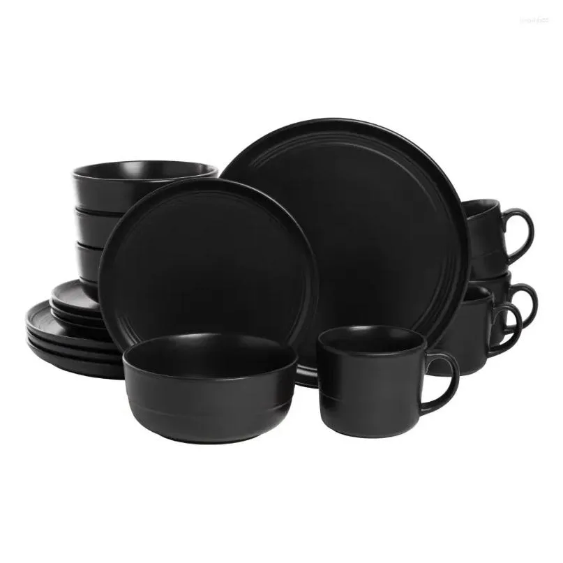 Dishes Plates 16-Piecedinnerware Set Sets For Home Dinner And Plate Stoare Double Line Matte Black Drop Delivery Garden Kitchen Di Dhwsn